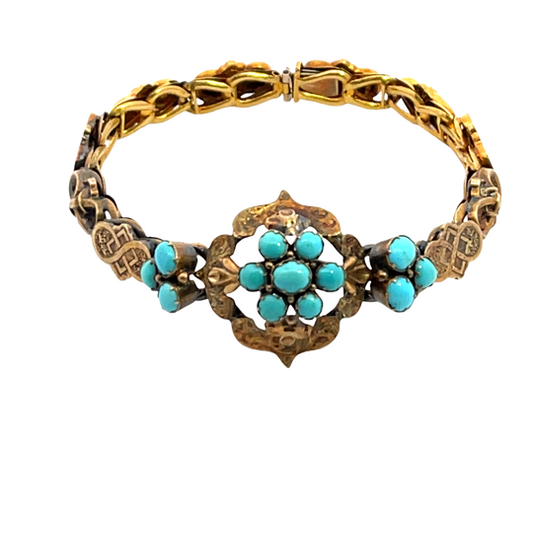Victorian 10KY and 14KY gold, turquoise link bracelet