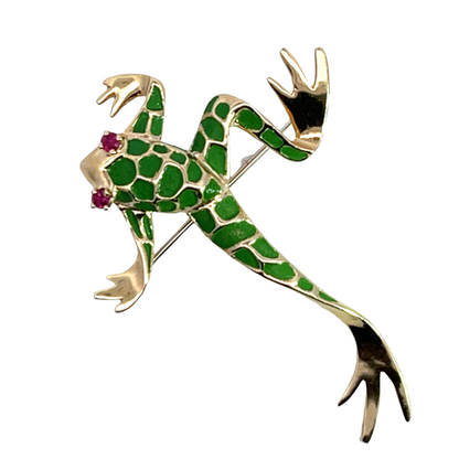 Modern 14KY gold, ruby and enamel frog brooch