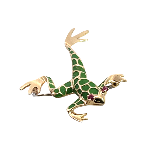 Modern 14KY gold, ruby and enamel frog brooch