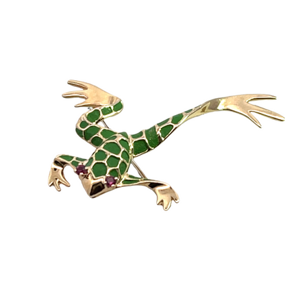 Modern 14KY gold, ruby and enamel frog brooch
