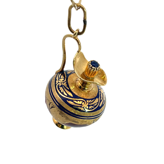 Modern 18KY gold, sapphire and enamel urn perfumer pendant