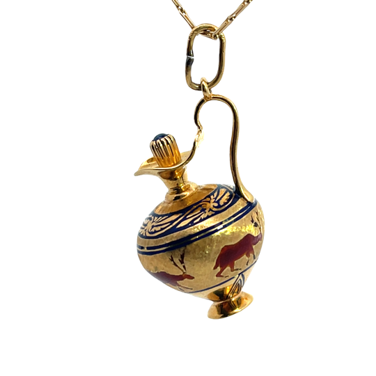 Modern 18KY gold, sapphire and enamel urn perfumer pendant