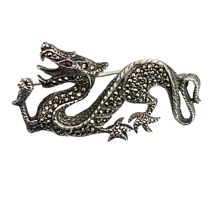Modern Sterling Silver ruby and marcasite dragon pin