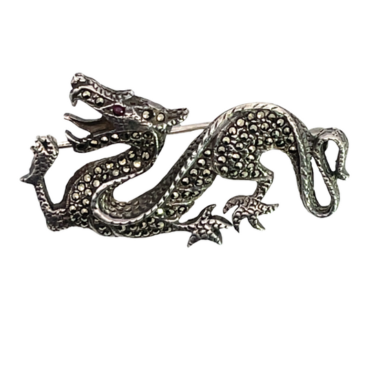 Modern Sterling Silver ruby and marcasite dragon pin