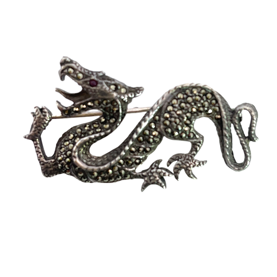 Modern Sterling Silver ruby and marcasite dragon pin