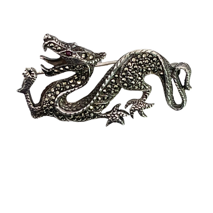 Modern Sterling Silver ruby and marcasite dragon pin