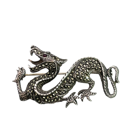 Modern Sterling Silver ruby and marcasite dragon pin