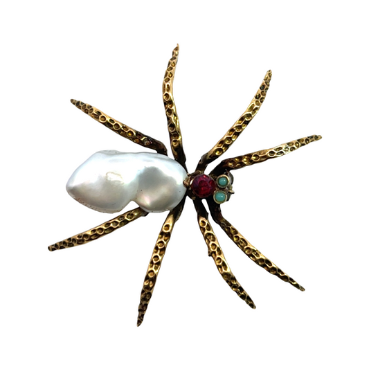 Modern 14KY gold, keshi pearl, turquoise and garnet spider pin.