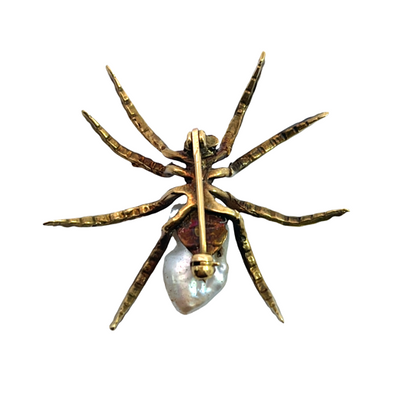 Modern 14KY gold, keshi pearl, turquoise and garnet spider pin.