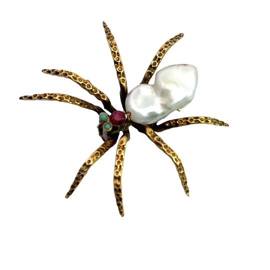 Modern 14KY gold, keshi pearl, turquoise and garnet spider pin.