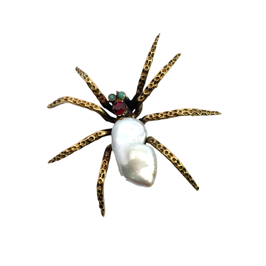 Modern 14KY gold, keshi pearl, turquoise and garnet spider pin.
