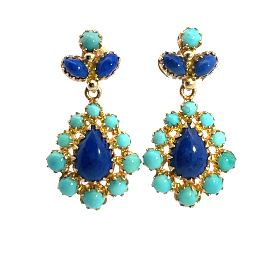 Modern 14KY gold, turquoise and lapis drop earrings