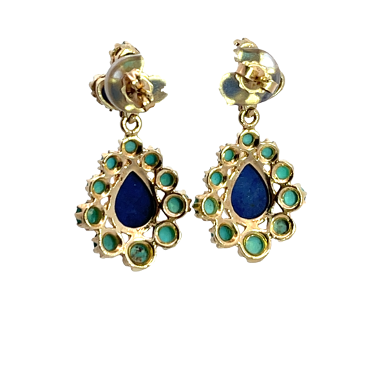Modern 14KY gold, turquoise and lapis drop earrings