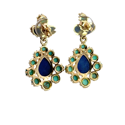 Modern 14KY gold, turquoise and lapis drop earrings
