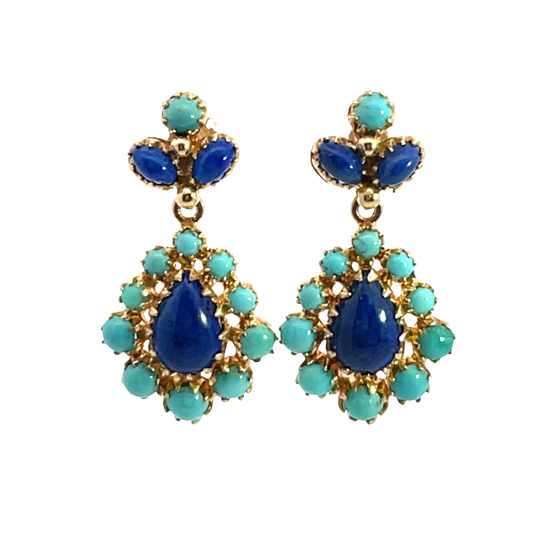 Modern 14KY gold, turquoise and lapis drop earrings