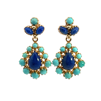 Modern 14KY gold, turquoise and lapis drop earrings