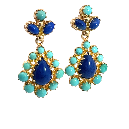 Modern 14KY gold, turquoise and lapis drop earrings