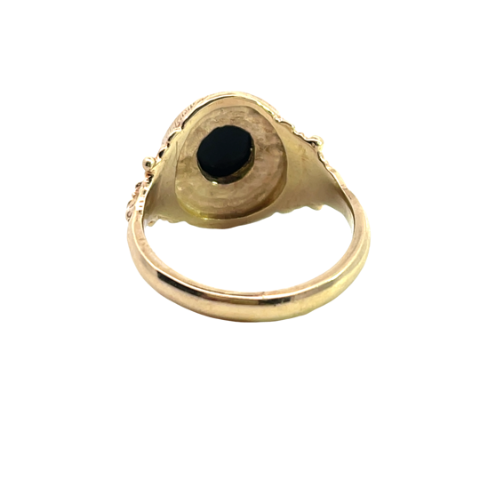 Art Noveau 9KY gold, onyx and seed pearl 'Mourning' ring