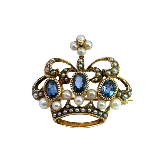 Victorian 14KY gold, sapphire, cultured and seed pearl crown pin.