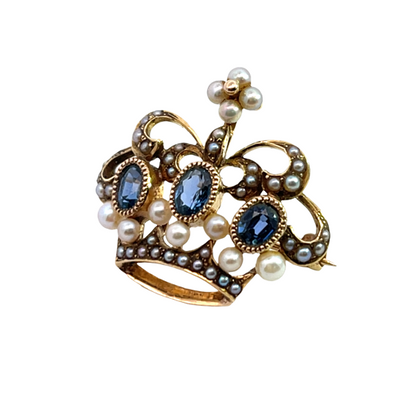 Victorian 14KY gold, sapphire, cultured and seed pearl crown pin.