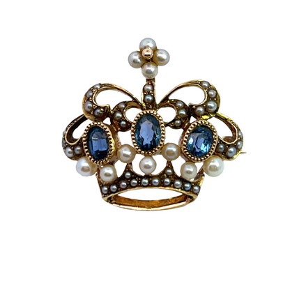 Victorian 14KY gold, sapphire, cultured and seed pearl crown pin.
