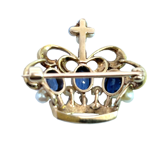 Victorian 14KY gold, sapphire, cultured and seed pearl crown pin.
