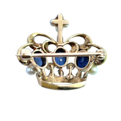 Victorian 14KY gold, sapphire, cultured and seed pearl crown pin.