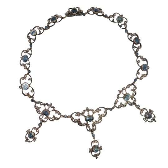 Georgian Sterling silver, gold, sapphire and rose cut diamond foil back necklace and earring set