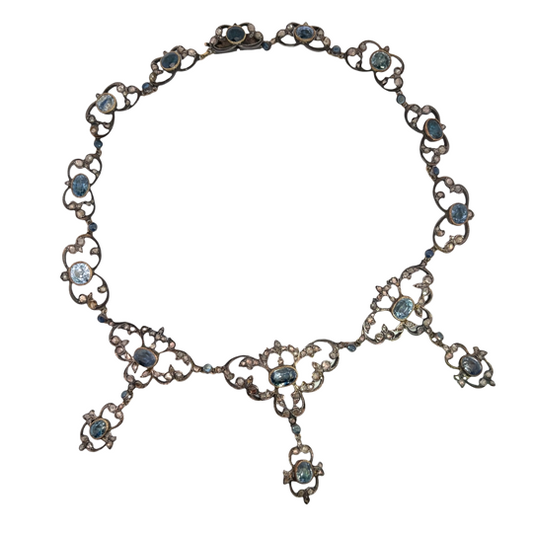 Georgian Sterling silver, gold, sapphire and rose cut diamond foil back necklace and earring set