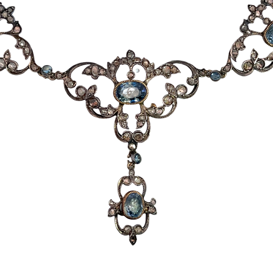 Georgian Sterling silver, gold, sapphire and rose cut diamond foil back necklace and earring set