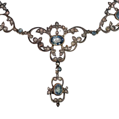 Georgian Sterling silver, gold, sapphire and rose cut diamond foil back necklace and earring set