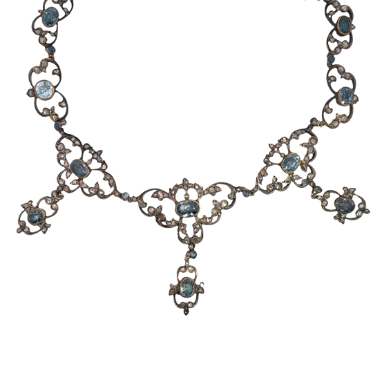 Georgian Sterling silver, gold, sapphire and rose cut diamond foil back necklace and earring set