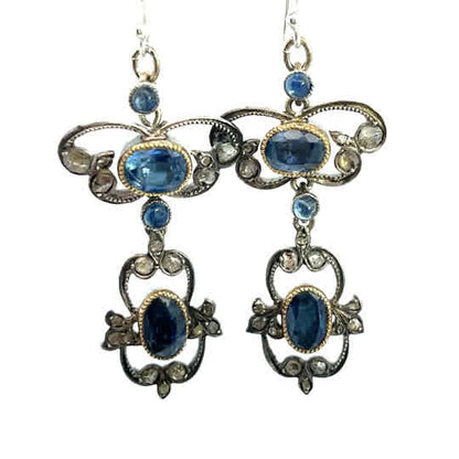 Georgian Sterling silver, gold, sapphire and rose cut diamond foil back necklace and earring set