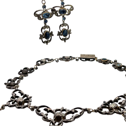 Georgian Sterling silver, gold, sapphire and rose cut diamond foil back necklace and earring set