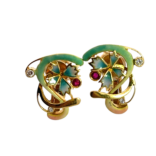Modern Art Noveau style 18KY gold, ruby, diamond and plique-à-jour omega back earring