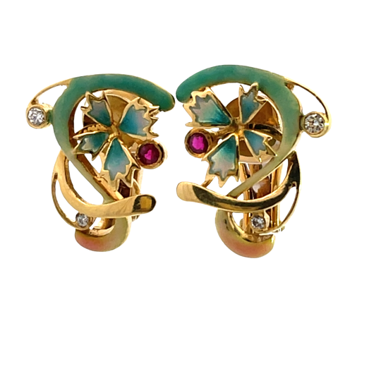 Modern Art Noveau style 18KY gold, ruby, diamond and plique-à-jour omega back earring