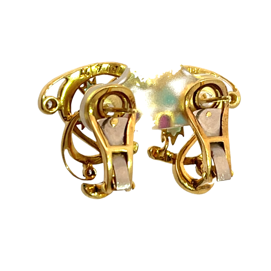 Modern Art Noveau style 18KY gold, ruby, diamond and plique-à-jour omega back earring