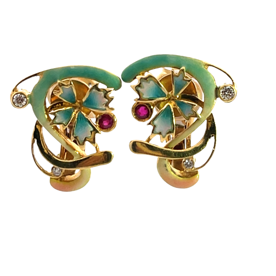 Modern Art Noveau style 18KY gold, ruby, diamond and plique-à-jour omega back earring