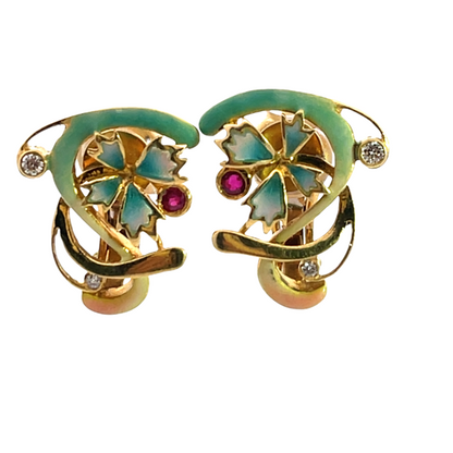 Modern Art Noveau style 18KY gold, ruby, diamond and plique-à-jour omega back earring