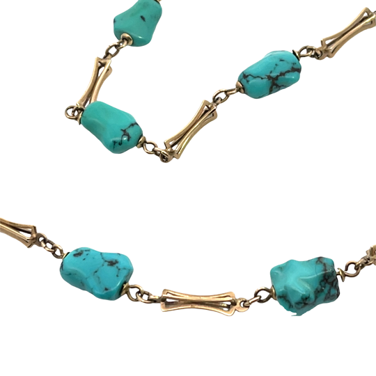 Modern 9KY gold and turquoise nugget 'station' necklace