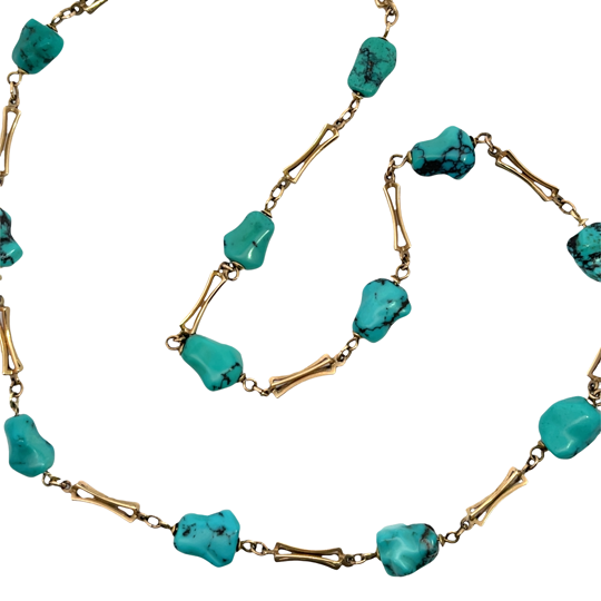 Modern 9KY gold and turquoise nugget 'station' necklace