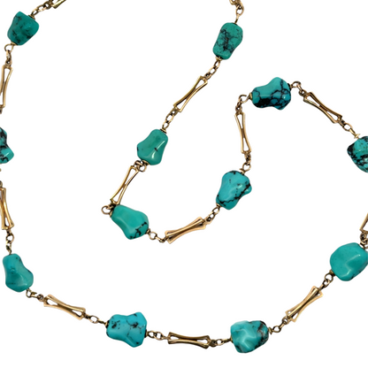 Modern 9KY gold and turquoise nugget 'station' necklace