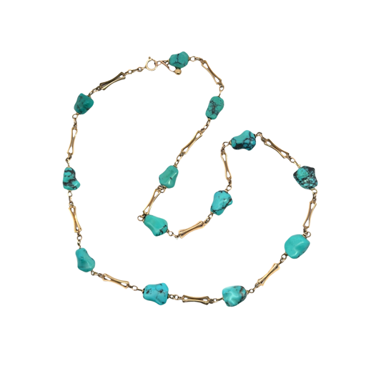 Modern 9KY gold and turquoise nugget 'station' necklace