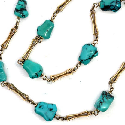 Modern 9KY gold and turquoise nugget 'station' necklace