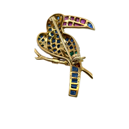 Mid Century Modern 14KY gold, sapphire, rubies, emeralds and diamond Toucan pin