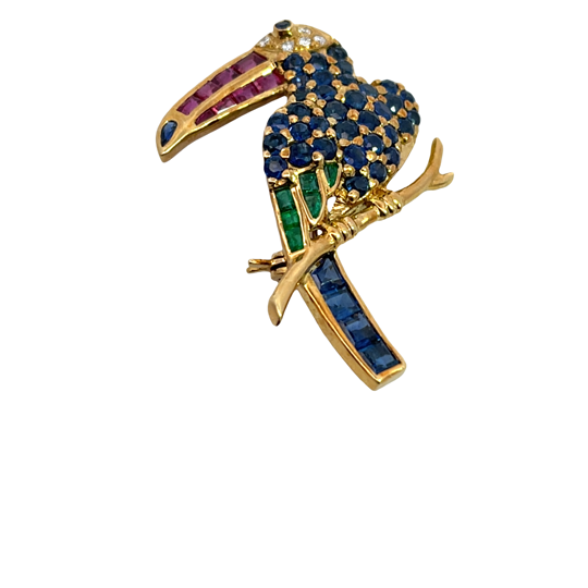 Mid Century Modern 14KY gold, sapphire, rubies, emeralds and diamond Toucan pin