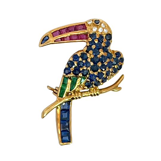 Mid Century Modern 14KY gold, sapphire, rubies, emeralds and diamond Toucan pin