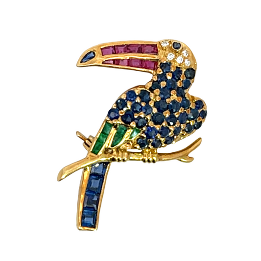 Mid Century Modern 14KY gold, sapphire, rubies, emeralds and diamond Toucan pin
