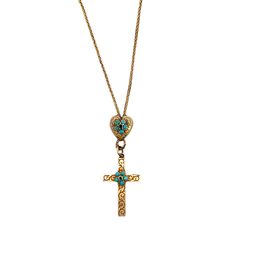 Victorian 14KY gold, garnet and turquoise mourning cross pendant with chain