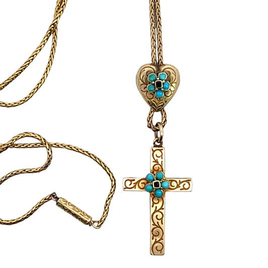 Victorian 14KY gold, garnet and turquoise mourning cross pendant with chain